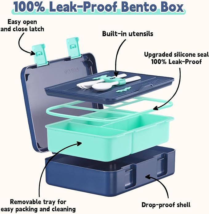 rockpapa Bento Box for Kids - Large 5.5 Cups Lunch Box with Utensils - 5 Compartments, BPA-Free, Leak Proof, Portable Handle for Boys Girls, Microwave/Dishwasher Safe (Blue Rocket)
