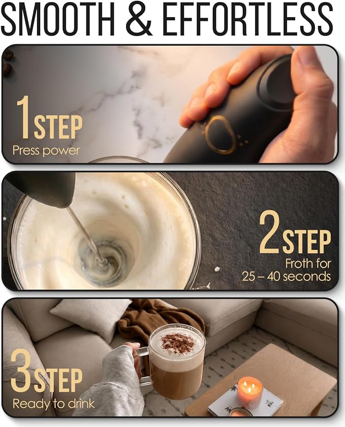 Rechargeable Milk Frother Handheld, USB-C Coffee Mixer, Matte Black | Rechargeable USB-C, quiet whisk, stainless steel stand, coffee matcha protein cold foam latte, portable coffee bar accessory