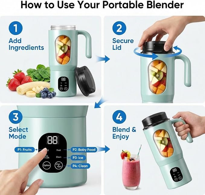 Lilogi 580ML Portable Blender with LED Display, 12-Blade USB-C Rechargeable Travel Blender with Handle & Extra Lid, Ideal for Kitchen, Office, Gym & Outdoor Sports