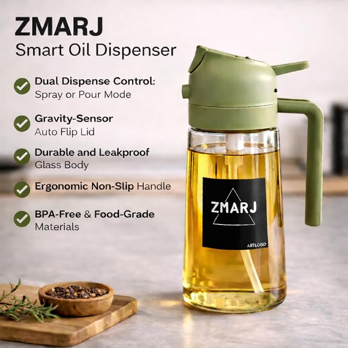 Oil Sprayer for Cooking and Pourer Olive Oil Dispenser For kitchen-Spray Bottle with Fine Mist Oil Sprayer & Controlled Pour Spout For Frying,Salads,BBQ 16oz/470ml Glass Bottle(Green)