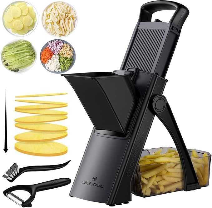 ONCE FOR ALL Safe Mandoline Slicer Plus with Peeler, Bigger Size, Black | 0.1-8mm Adjustable Vegetable Slicer, Potato Slicer Fries Cutter, Detachable Blade, Stainless Steel, Dishwasher-safe, Gift