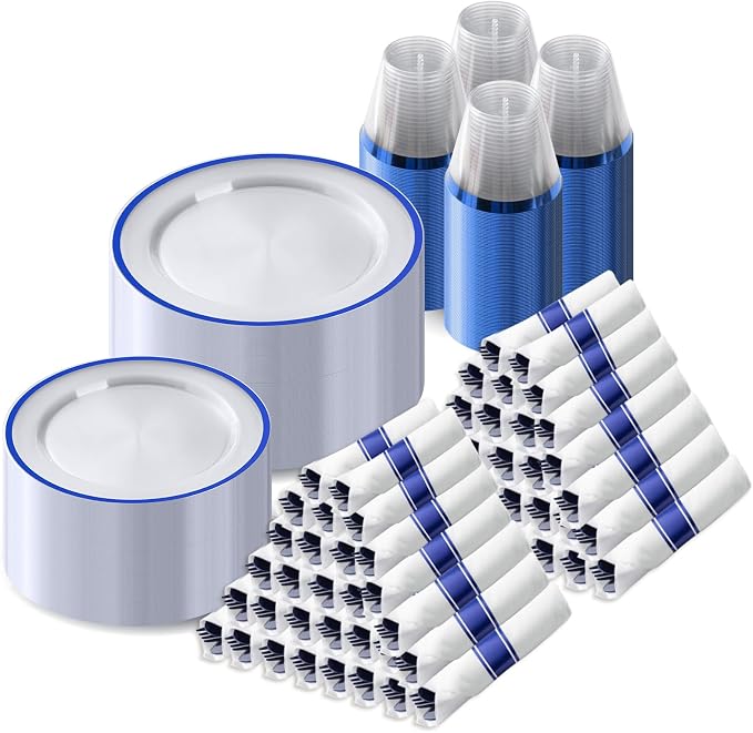 700 Pcs Clear Blue Plastic Plates Disposable for Party 100 Guests | Party Supplies Includes 200 Plates, 100 Pre Rolled Napkins with Cutlery Set, 100 Cups, for Graduation, Birthday, Christmas