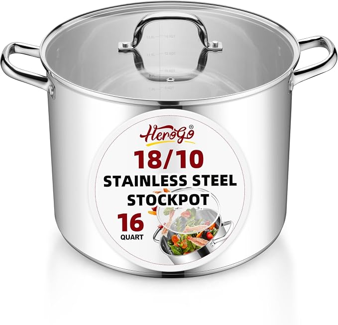 Herogo 16-Quart 18/10 Stainless Steel Stock Pot with Lid, Large Heavy Duty Soup Pot Compatible with Electric, Gas, Induction and Gas Cooktops, Non-Toxic & Corrosion Resistant, Dishwasher Safe