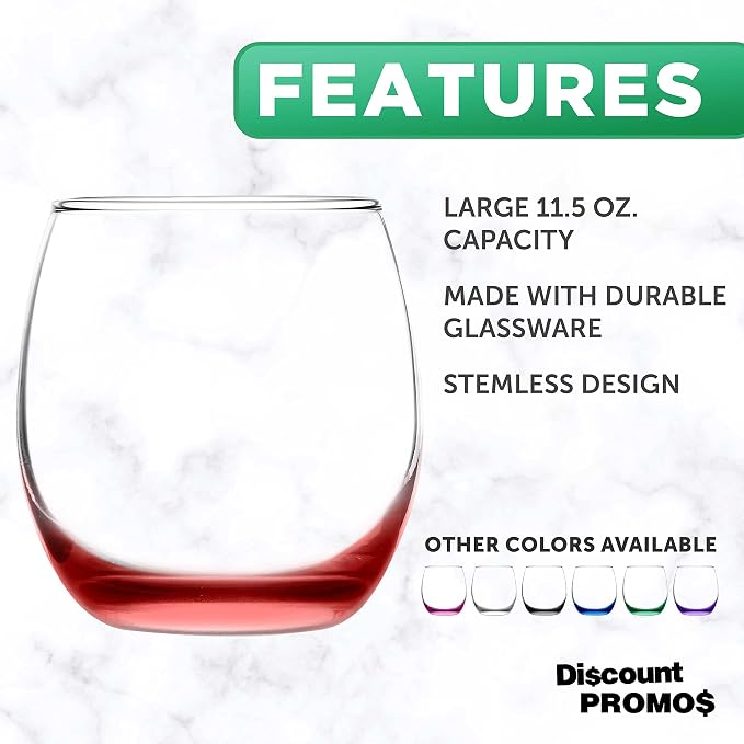 DISCOUNT PROMOS Mikonos Stemless Wine Glasses 11.5 oz. Set of 10, Bulk Pack - Restaurant Glassware, Perfect for Red Wine, White Wine, Cocktails - Red Bottom Color