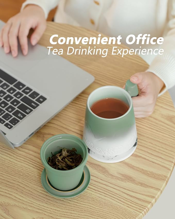ZENS Tea Infuser Mug with Lid & Coaster for Loose Leaf Tea Steeper, 15oz | Embossed Ceramic Tea Cup with Infuser for Loose Tea Difussers, Tea Lovers Gifts, Nature Wood Handle, White