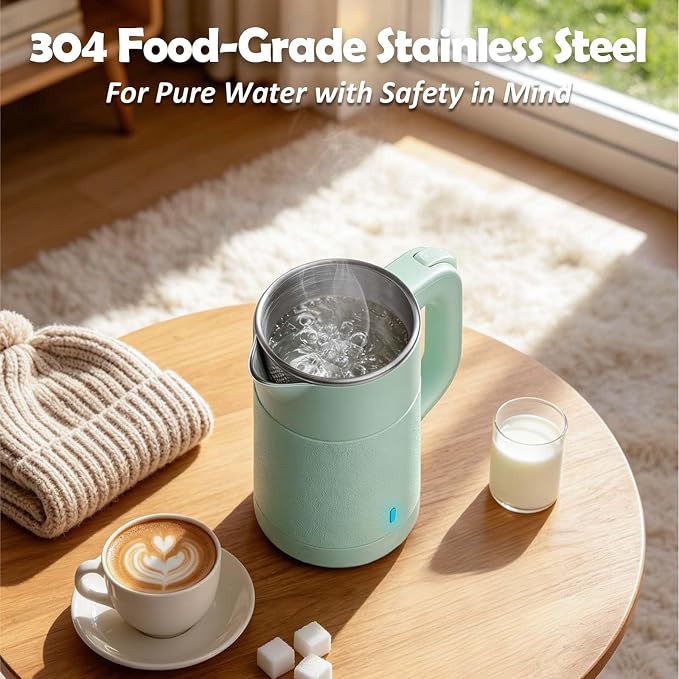 Small Electric Kettle 0.8L, 600W, 304 Stainless Steel Inner, Green | Auto Shut-Off, Boil Dry Protection, BPA-Free, Fast Water Heater for Dorm Office Travel