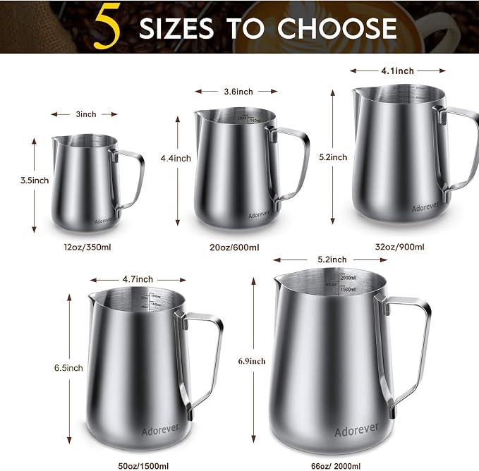 Milk Frothing Pitcher, 66oz Steaming Pitcher Stainless Steel Espresso Machine Accessories for Coffee Bar, Cappuccino Barista Tools Milk Jug Steamer Frother Cup with Decorating Latte Art Pen