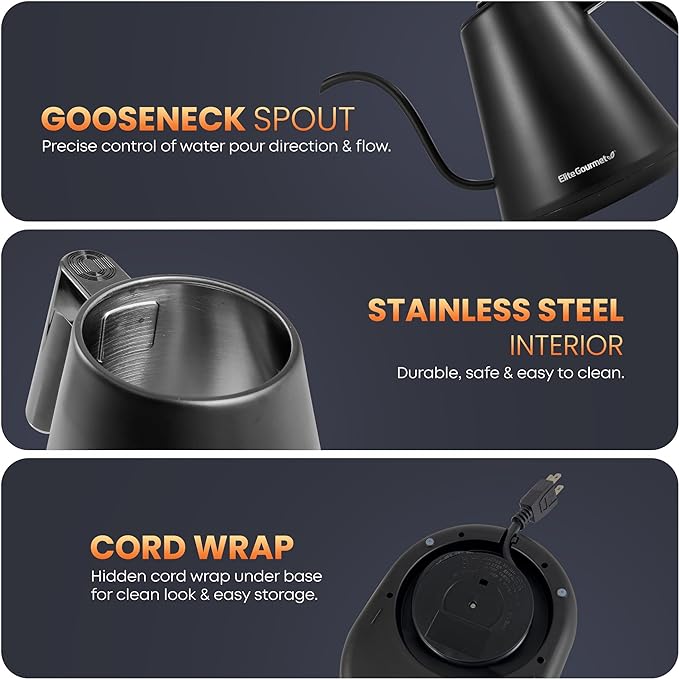 Elite Gourmet EKT3001 1L Digital Kettle, 304 Stainless Steel, Matte Black | Programmed Temperatures, Keep Warm Function, Cordless 360° Base, Auto Off & Audible Indicator