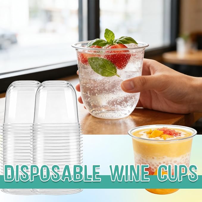 Alaeseje 100 Pcs Disposable Stemless Wine Glasses,12 oz Cocktail Cups | Round Bottom Clear Plastic Party Cups for Meeting Weddings Birthday Party Supplies