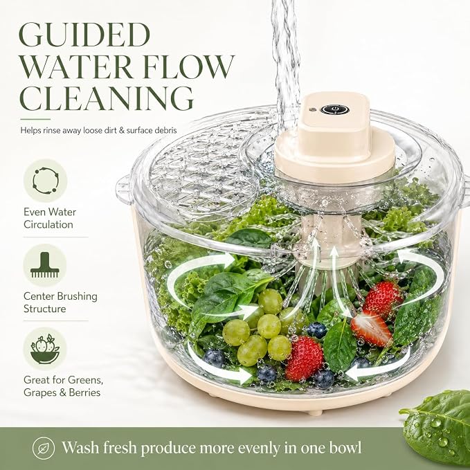 Electric Salad Spinner & Produce Washer, Fruit Washer Spinner Bowl for Lettuce, Berries & Veggies, Vegetable Dryer, Lettuce Spinner, Fruit Cleaner (Cream White)
