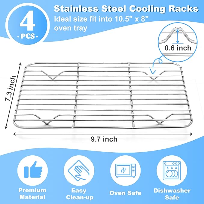 P&P CHEF 4 Pcs Baking Wire Rack for Cooling, 9.7 Inch | Rectangle Cooling Racks for Cooking and Roasting, Fit for Oven Pan, Healthy & Non-Toxic, Rust Free & Dishwasher Safe