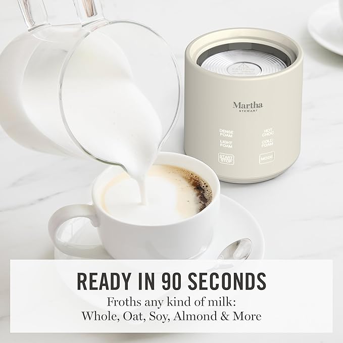 Martha Stewart 10oz Milk Frother & Steamer, 4 Presets, 300ml Glass Pitcher | Light, Dense, Cold Foam & Hot Chocolate, Ready in 90 Seconds, Cordless Pouring, Runs Quiet, Almond, Soy & Oat Milk, Linen