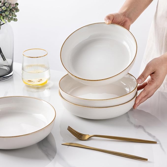 GBHOME 8.75'' Large Ceramic Pasta Bowls, 38oz Stoneware Pasta Serving Bowls Set of 4 for Kitchen, Wide Bowls for Fruit,Pasta,Salad,Oatmeal,Meal, Microwave Safe, Reactive Glaze-Pear White