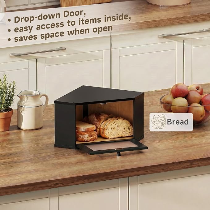 Corner Bread Box For Kitchen Countertop,Bread Storage Bin (Black, Medium) | Small Bamboo Bread Container,Corner Shelf For Kitchen Decor