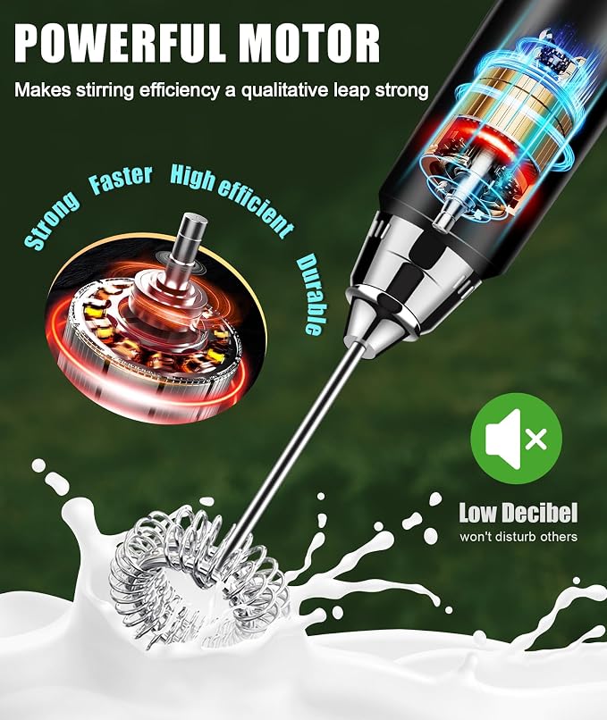 YUSWKO Handheld Milk Frother Wand for Coffee, Rechargeable Electric Whisk with 3 Heads 3 Speeds Drink Mixer Coffee Frother For Latte, Cappuccino, Hot Chocolate, Egg, White with Bag