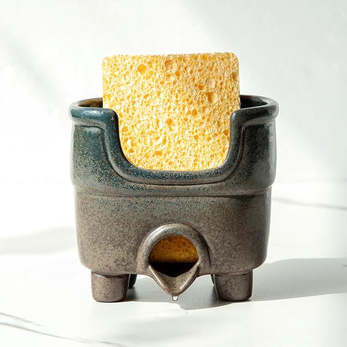Ceramic Sponge Holder with Drainage，Farmhouse Sink Caddy | Self Draining Organizer for Sponges, Soap, Brushes. Compact Rustic Kitchen Accessory Keeps Counter Dry & Tidy. Country Blue