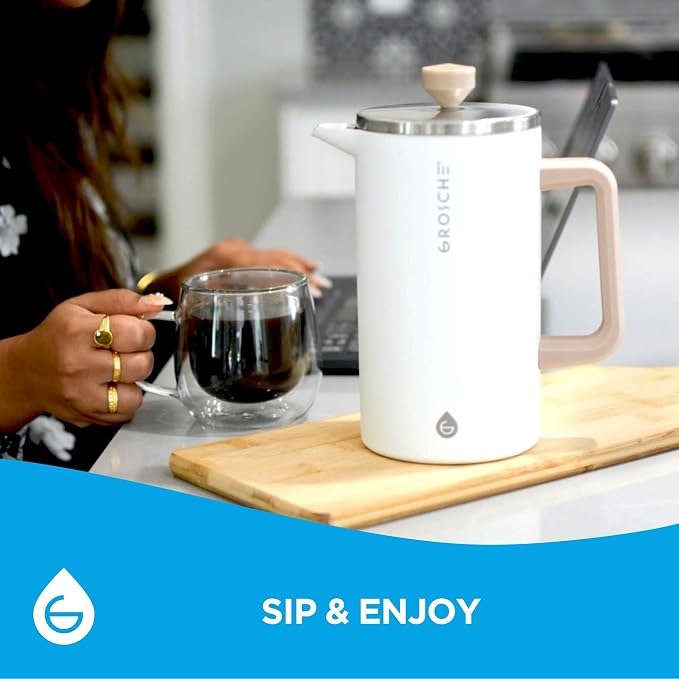 GROSCHE Dublin Double Wall Stainless French Press, White, 8 Cup, 34 oz | Fine-Mesh Filter Reduces Grit, Insulated Body Retains Heat, Dishwasher-Safe Parts Simplify Cleanup for Daily Hot or Cold Brew