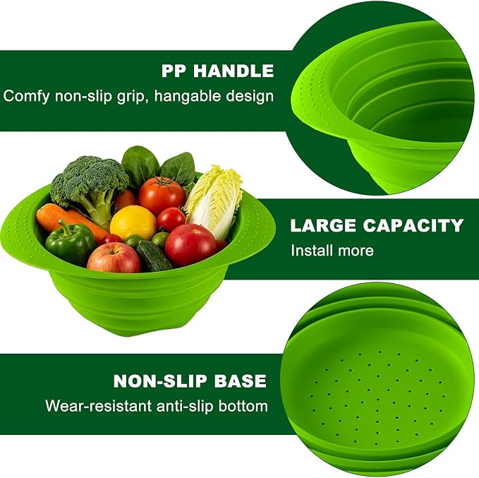 Collapsible Silicone Colander with Handle, 10.5-Inch Large Capacity Foldable Strainer for Vegetables, Pasta, Fruits - Heat Resistant up to 212°F, Non-Slip Base, Space-Saving Kitchen Tool-3pack