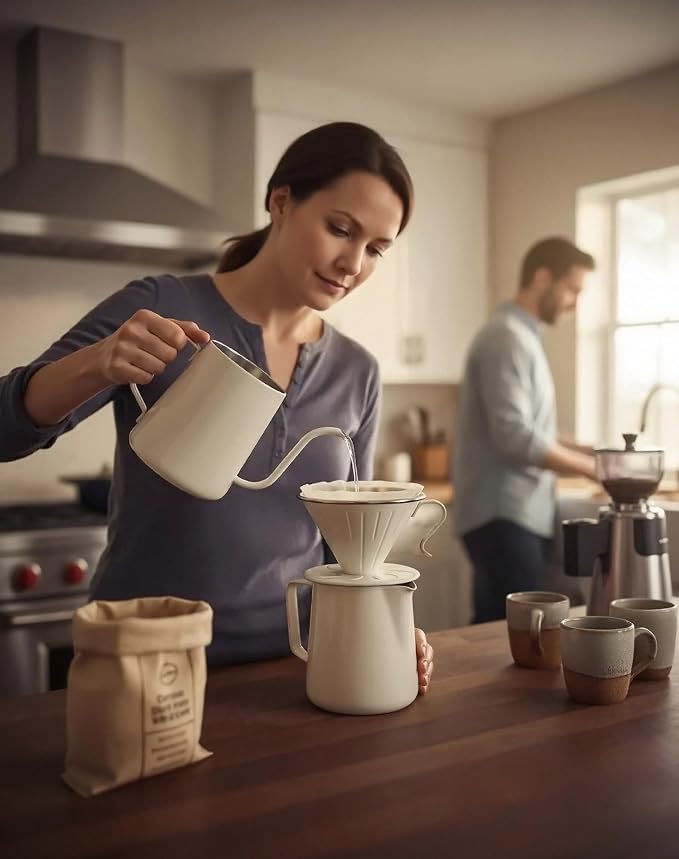AGOGO Stainless Pour Over Coffee Maker Set, 50 Paper Filters, 20oz, Cream | Unbreakable carafe for kitchen RV camp and office, includes barista towel, lead-free food grade 304 stainless steel