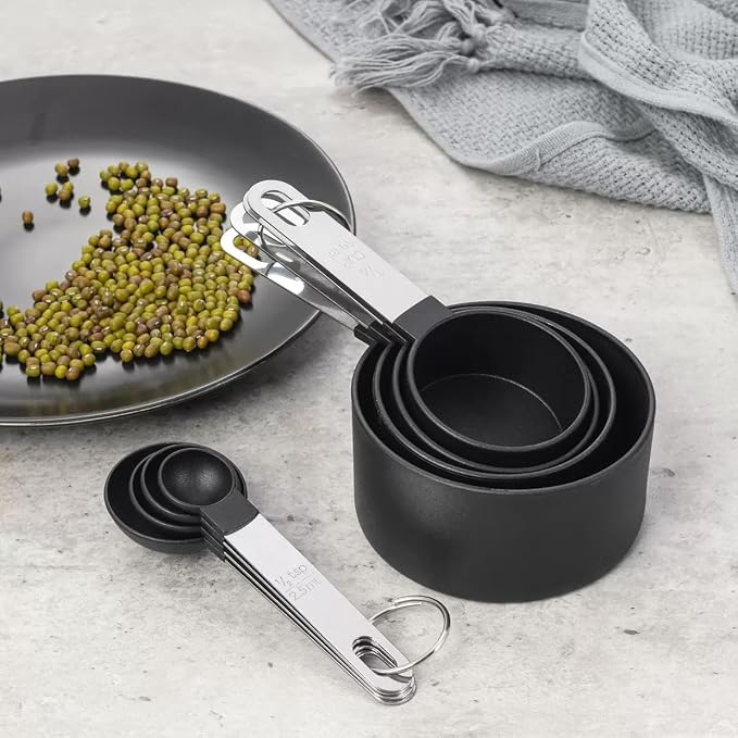 RUNZI 8 Pcs Measuring Cups and Spoons Set, Stackable Black Measuring Spoons for Measuring Dry and Liquid Ingredients Small Teaspoon with Plastic Head,Black