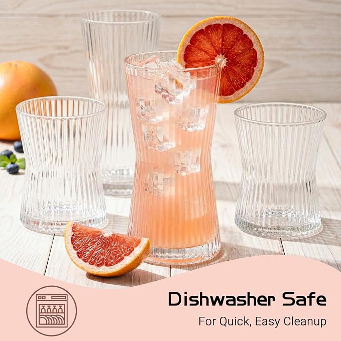 JOVGANK Drinking Glasses Set of 8 – Lead-Free Crystal Glassware, 4 Tall 10oz & 4 Short 8.5oz Vintage Ribbed Tumbler Glasses, Dishwasher Safe, for Juice Beer Cocktails, Great Housewarming Gift, Set B