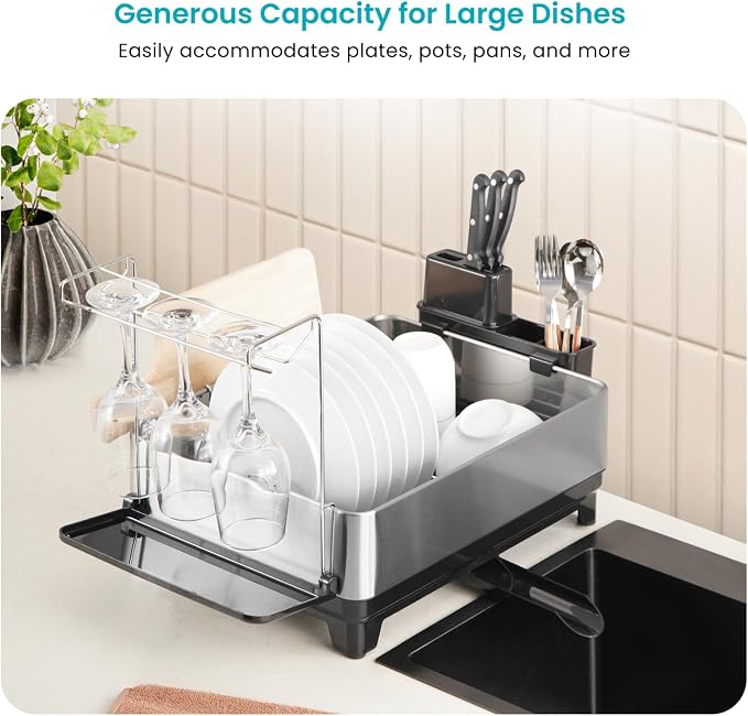 Home Zone Living Dish Drying Rack for Kitchen Counter | Stainless Steel with Drip Tray, Extendable Water Drainage Pipe, and Holders for Utensils, Wine Glasses and Cutting Board
