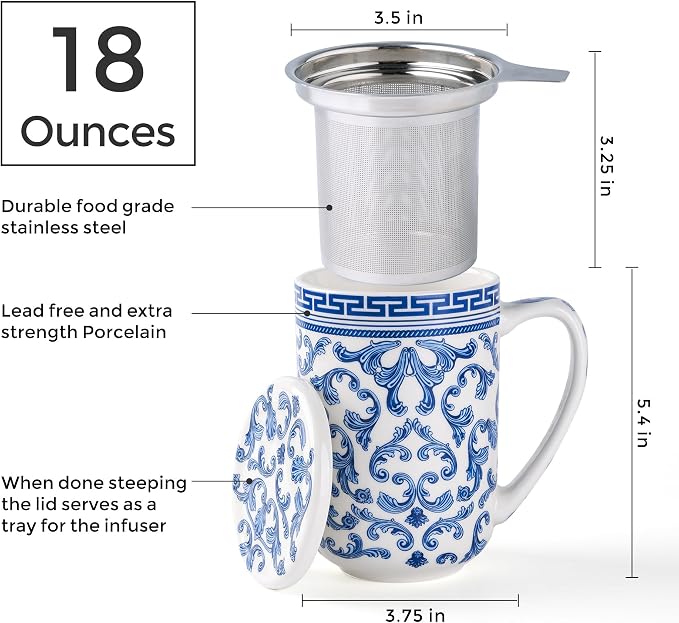 AmorArc Tea Cup With Infuser and Lid, 18oz Loose Leaf Tea Mug With Steeper | Porcelain Tea Mug With Infuser and Lid, Large Strainer Tea Cup with Lid for Tea, Coffee Mug for House-warming Birthday Gift