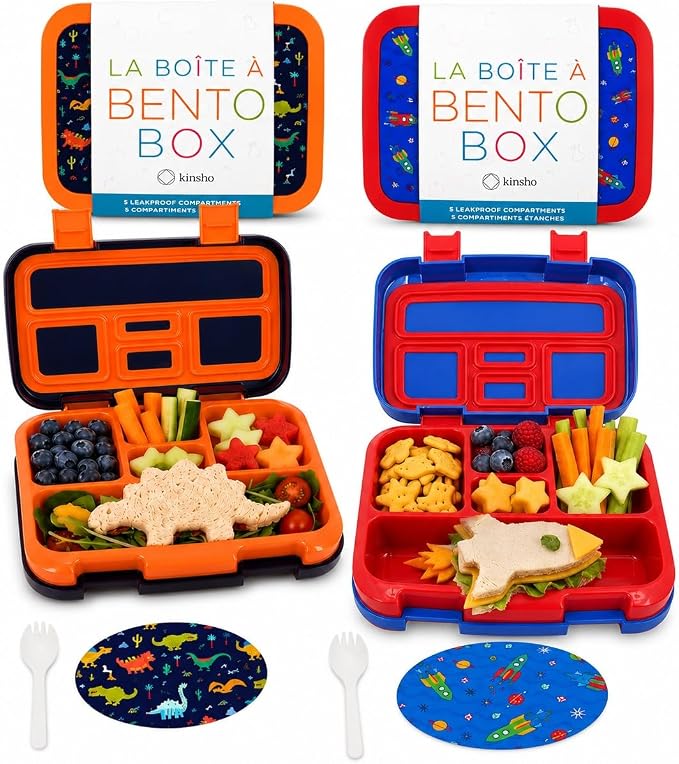 kinsho Bento Lunch Box Container for Kids Boys, 2 Pack (Dinosaur + Rocket) | 5 Portion Sections, BPA-Free Spill-Proof Leakproof Removable Plastic Tray, Snacks and Lunches for Toddlers Pre-School Daycare