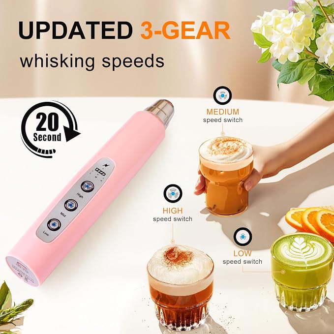 YUSWKO Handheld Milk Frother Wand for Coffee, Rechargeable Electric Whisk with 3 Heads 3 Speeds Drink Mixer Coffee Frother For Latte, Cappuccino, Hot Chocolate, Egg, Pink