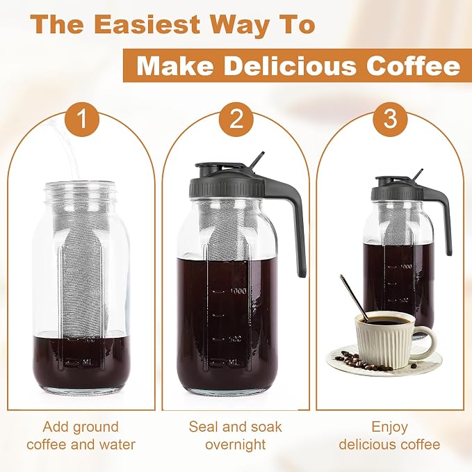 Cold Brew Coffee Maker, 64 oz Mason Jar Pitcher with Stainless Steel Filter, Pour Spout Handle Lid, Airtight & Leak-Proof for Iced Coffee,Tea & Lemonade