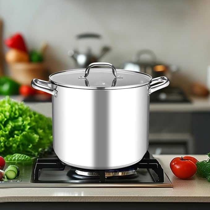 Leonyo 24 Quart Large Stock Pot with Lid, 18/10 Stainless Steel Stockpot | 3-Ply Bottom for All Stoves, Heavy-Duty & Food Grade Cookware