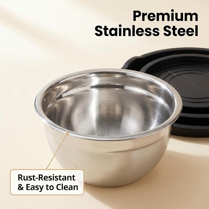 Mixing Bowls with Lids Set of 3, Stainless Steel Nesting Bowls with BPA-Free TPE Lids, 1.5/2.5/5 QT Kitchen Bowls for Baking, Salad Prep, Meal Prep, Mixing and Storage