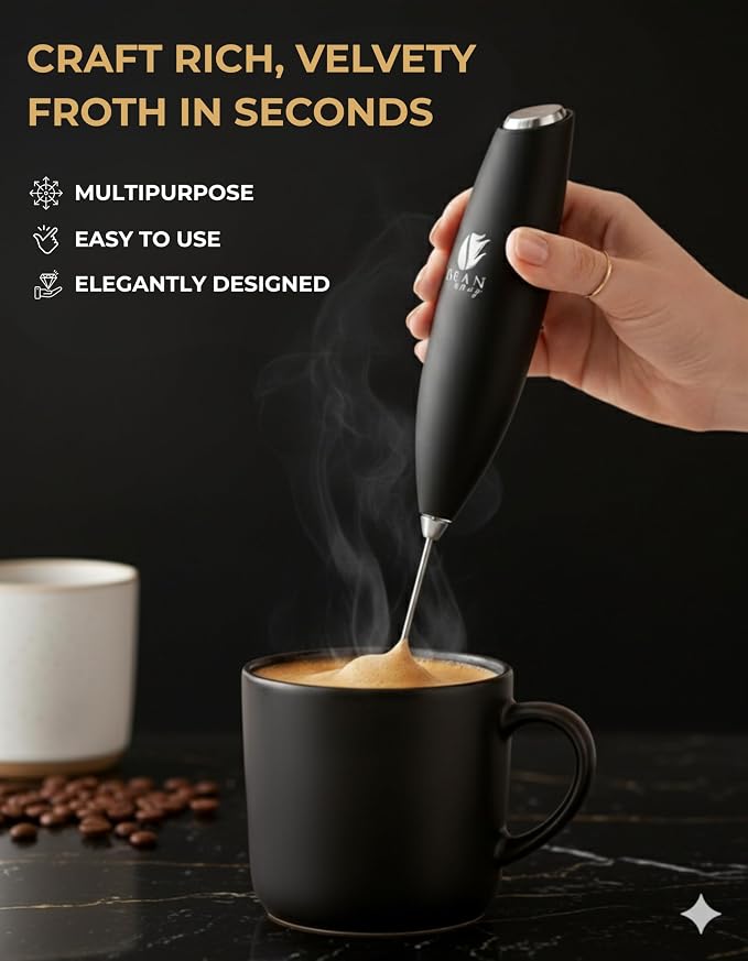 Bean Envy Milk Frother Handheld - Coffee Mixer Wand with Stand - Black | Battery Operated, Stainless Steel Whisk, 19000 RPM, Protein Powder Blender, Electric Stirrer, Mini Foamer