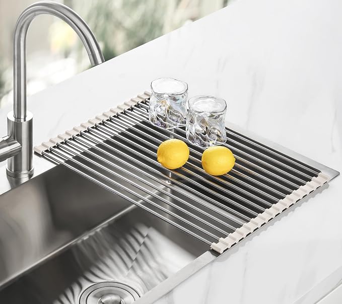 Tomorotec Roll Up Dish Drying Rack Over Sink, 304 Steel, 17.7x12.5, White | Anti-Slip Silicone Rims For Grip, Heat-Resistant Trivet Mat Holding Heavy Cookware, Rustproof Kitchen Counter Space Saver