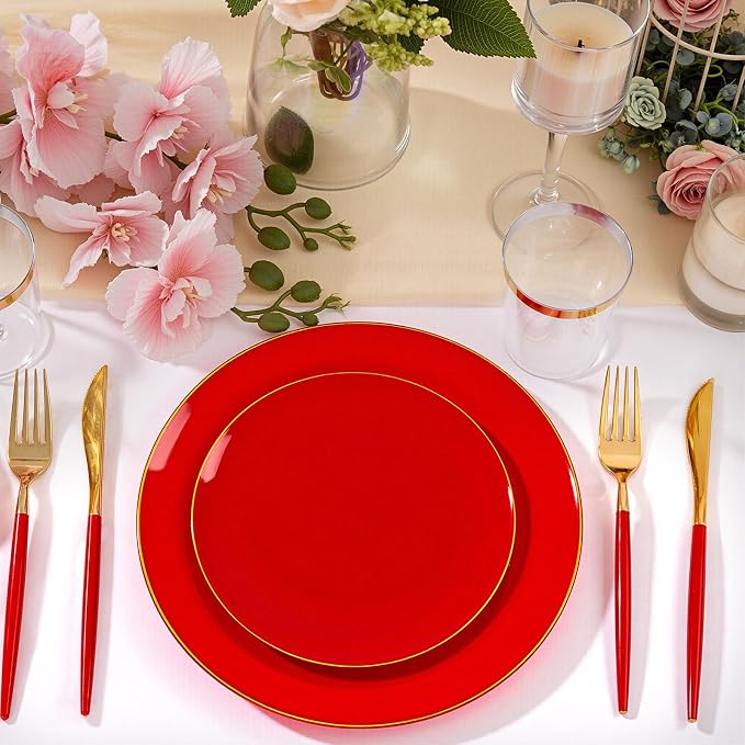 DaYammi 150Pcs Red Plastic Plates with Gold Rim,Fancy Disposable Dinnerware Set with Red Handle Gold Cutlery, Includes 30 Dinner Plate,30 Dessert Plate,30 Knives,30 Forks,30 Spoons for Party Wedding