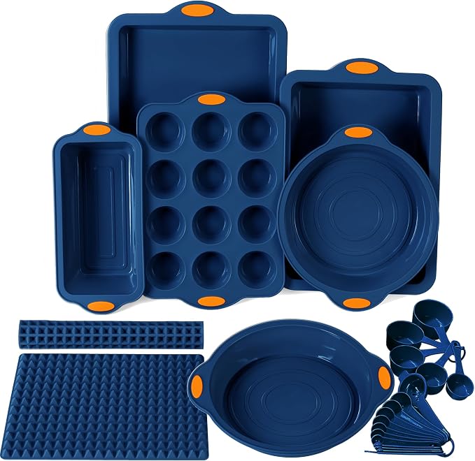 8 in 1 Silicone Baking Set - 6 Cake Molds - 2 Silicone Baking Mat, Nonstick Cookie Sheet, Cake Muffin Bread Pan with Grips and Metal Reinforced Frame More Strength, Navy Blue