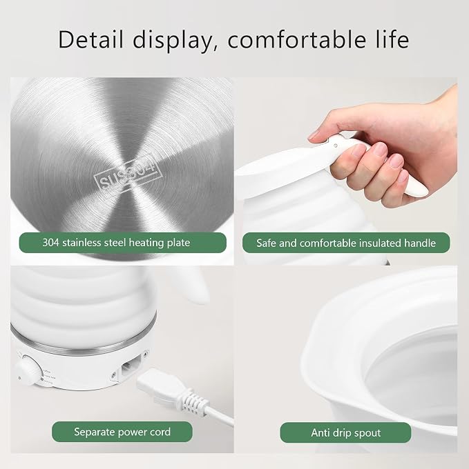 Travel Foldable Electric Kettle - 110V 700ml Collapsible Kettle White | 850W Small BPA-free Tea Pot for Camping Food Grade Silicone Travel Electric Collapsible Kettle for Tea & Coffee