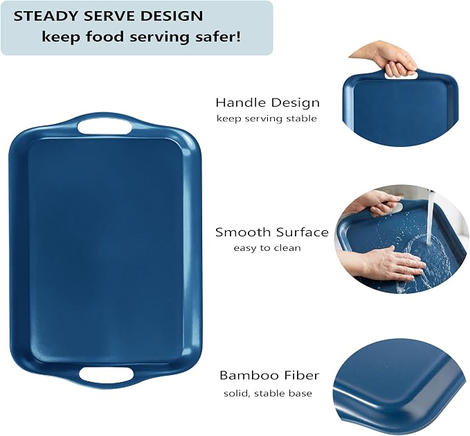 KINGEN 2-Pack Navy Blue Bamboo Fiber Serving Trays - 18×13-inch Extra Large w/Handles Tray, Platters for 4th of July, Christmas, BBQ, Picnic, Outdoor Dining - Durable, Lightweight (Classic Blue)
