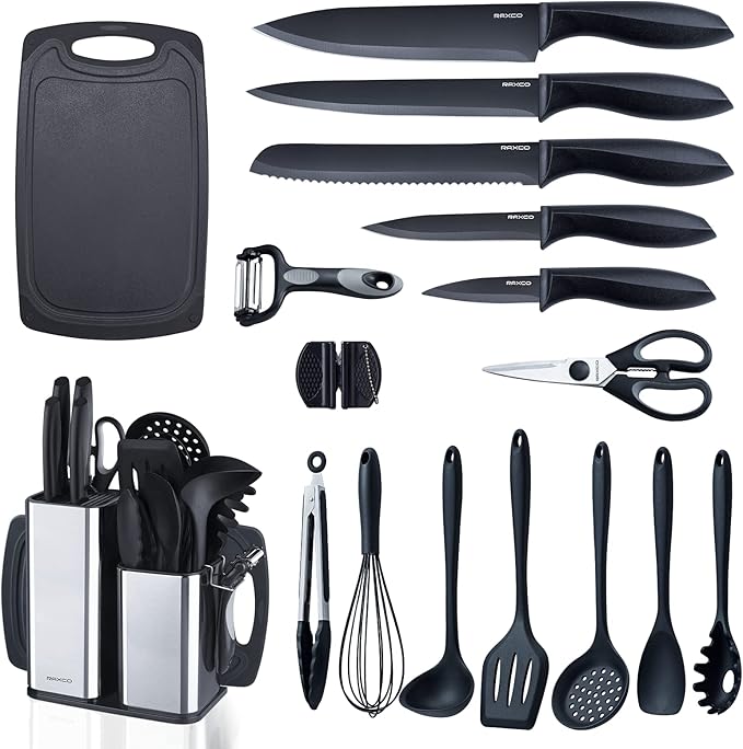 Kitchen Utensils Set,18-Piece Cooking Utensils and Knife Set,Black | Food-grade Silicone Heat-safe to 410°F, Detachable Stainless Steel Holder, 5 Kitchen Knives and Cutting Board All-in-one