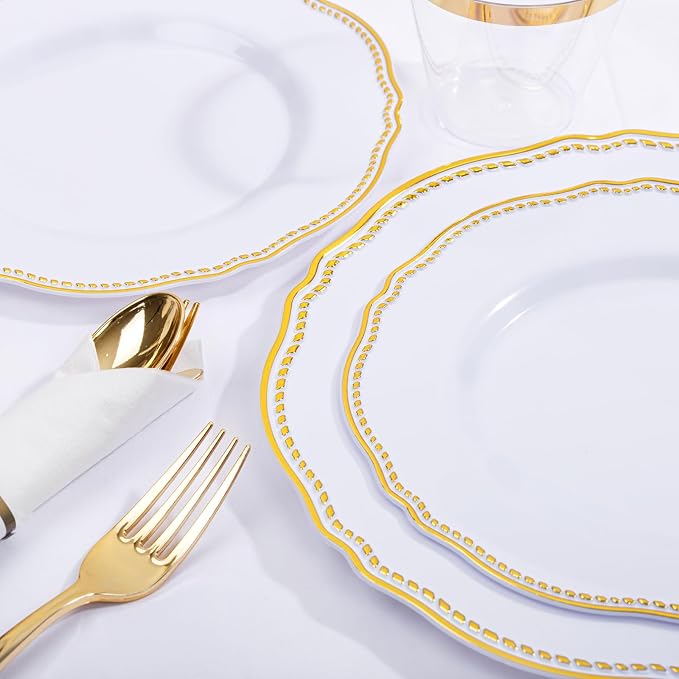 175 Pcs White and Gold Plastic Plates Wedding & Party | Gold Plastic Dinnerware Set Includes 25 Dinner Plates, 25 Dessert Dinnerware, 25 Cups, 25 Rolled Napkin Cutlery
