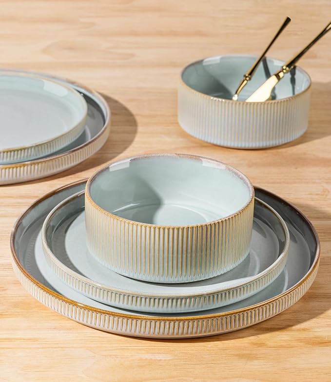 Ceramic Dinnerware Set for 8, 24-Piece Plates and Bowls Set | Lightweight Porcelain Dish Set, Scratch Resistant, Oven & Microwave & Dishwasher Safe, Illusion Blue