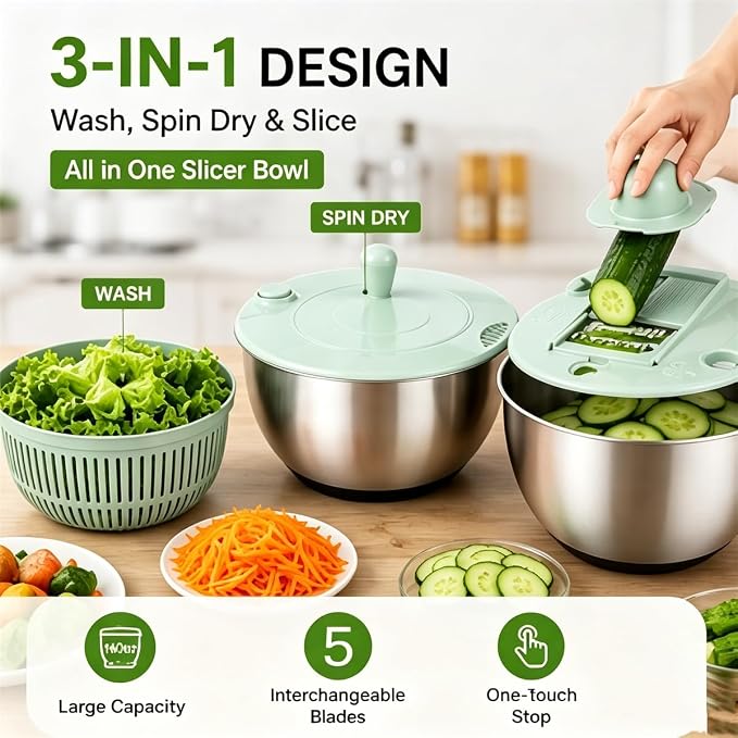 3 in 1 Salad Spinner with Mandoline Slicer, All in One Slicer Bowl, Multifunctional Salad Spinner Small Stainless Steel, Vegetables Wash Bowl, Fruits & Lettuce Dryer with 5 Blade (Green)