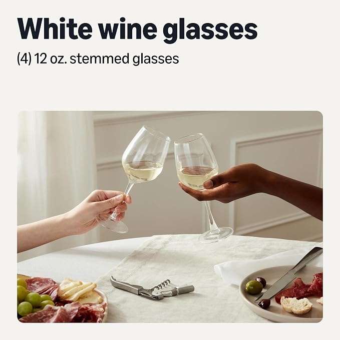 Amazon Basics Stemmed White Wine Glasses, 12 oz., Dishwasher-Safe, 4-Piece Set