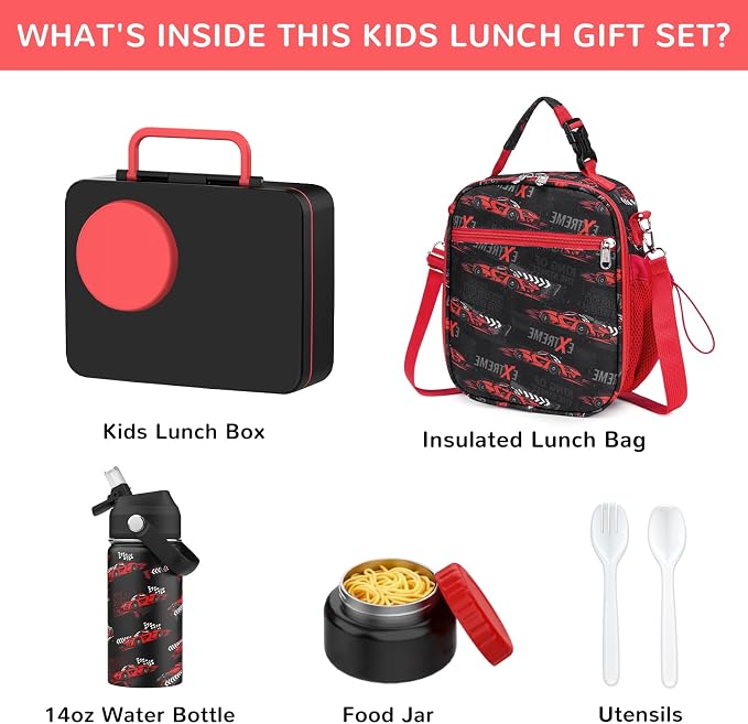 Bento Lunch Box for Kids Adult, Leakproof 3-4 Compartment Bento Box Set with Insulated Food Jar,Water Bottle, Lunch Bag, School Lunch Container for Toddler Teen Girls Boys Ages 3+(Racing Car)
