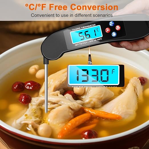 Digital Talking Thermometer for The Blind, Waterproof Instant Read Food Thermometer with Talking Function & Backlight, Meat Thermometer with Probe for Cooking and Grilling, and More