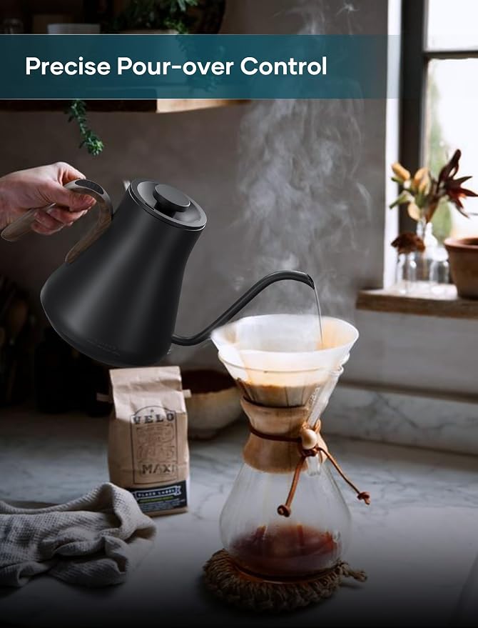INTASTING Gooseneck Electric Kettle with ±1℉ Temperature Control 0.9 Liter | 1500W Quick Heating, Stainless Steel Inner, Pour Over Coffee & Tea, Keep Warm, Auto Shut-Off, Built-in Brew Timer, Black