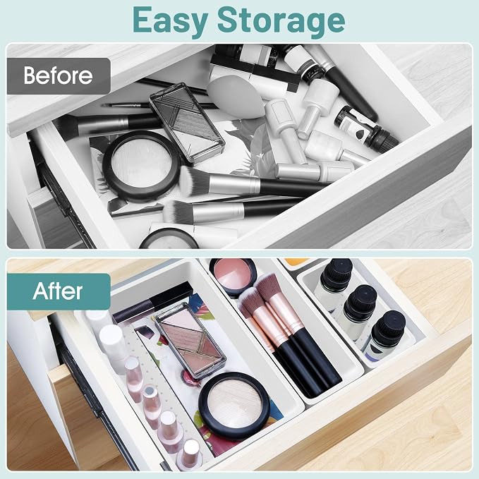 25 PCS Plastic Drawer Organizer Set, Makeup Organizers and Storage Bins | 4 Sizes Desk Drawer Divider Organizers and Storage Bins for Jewelry, Gadgets for Kitchen, Bedroom, Bathroom, Office, White