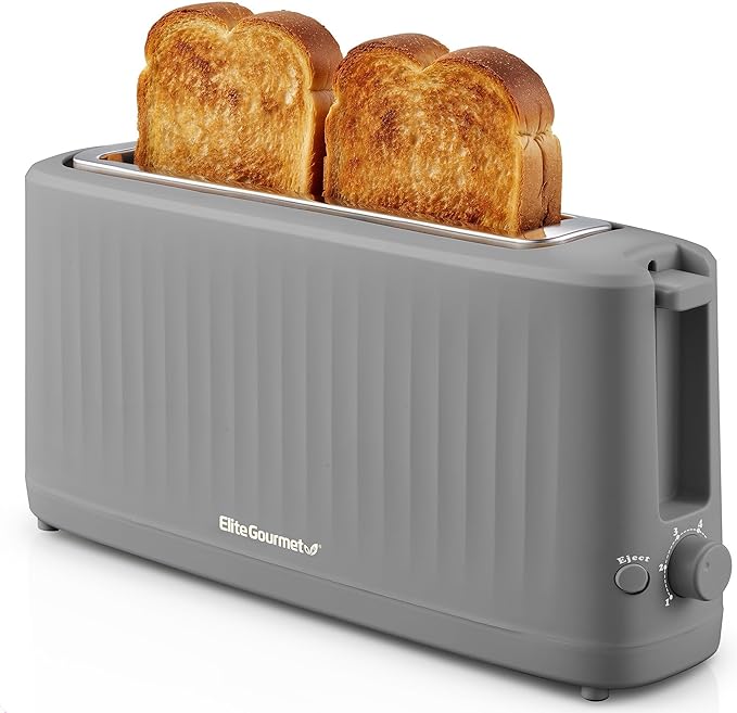 Elite Gourmet ECT2517G SLIMTOAST 2-Slice Long Slot Toaster, Grey | Cool-Touch Body, 6 Browning Shades, Extra-Wide 1.5" Slot Fits Artisan Bread, Bagels, Waffles & English Muffins