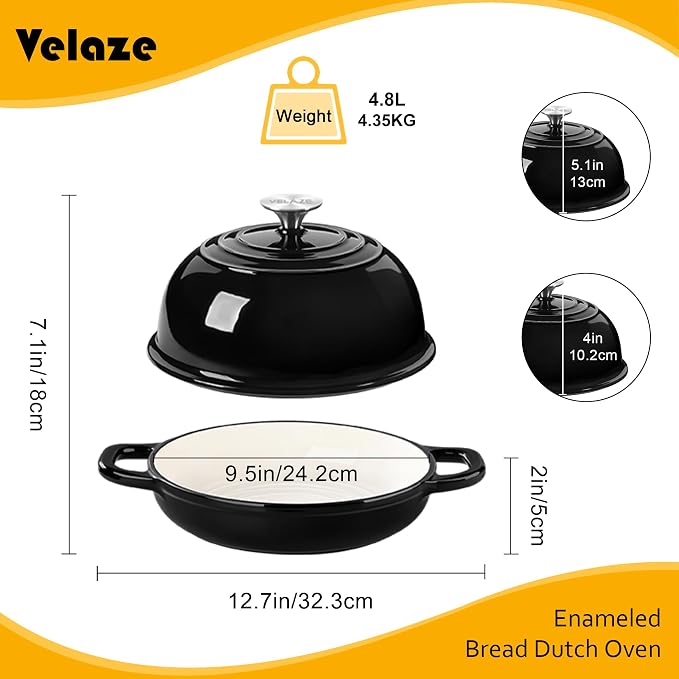 Velaze 5 QT Enameled Cast Iron Dutch Oven for Bread Baking with Dome Lid | Traps Steam for Crispy Artisan Sourdough Bread,Oven Safe,Ergonomic Handles,Gift for Bakers and Bakery Style Loaves,Black