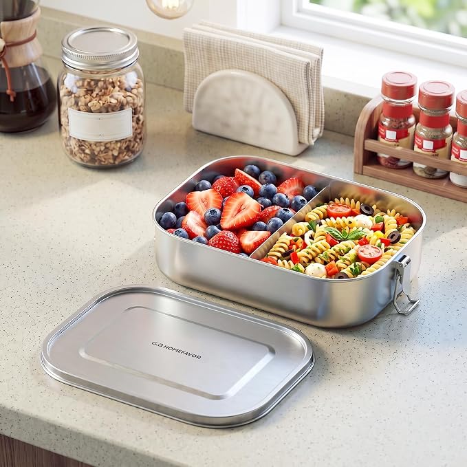 G.a HOMEFAVOR Stainless Steel Bento Lunch Box, 2-Compartment, 1400 ml/47 oz | Leak-Proof, Dishwasher Safe, BPA-Free, with Lock Clips & Removable Divider, Meal Prep, Large Food Container, for Adults